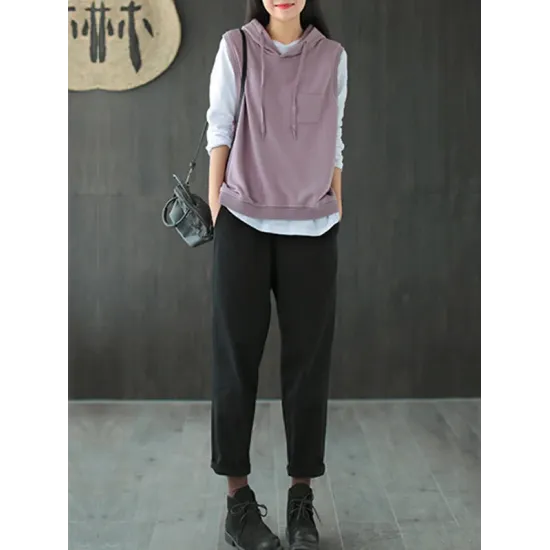 Artistic Retro Solid Hooded Vest Artistic Retro Solid Hooded Vest