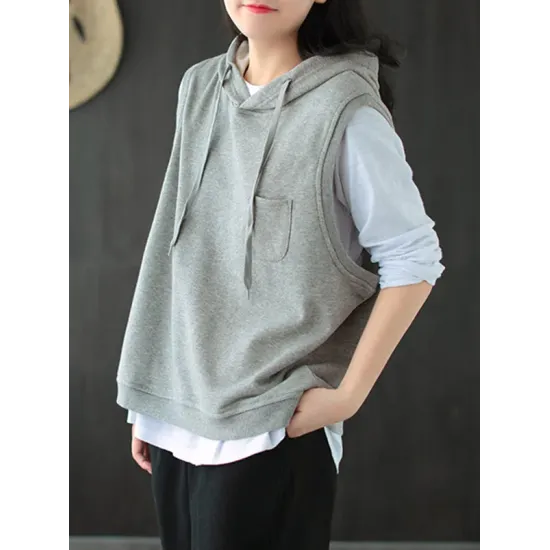 Artistic Retro Solid Hooded Vest Artistic Retro Solid Hooded Vest