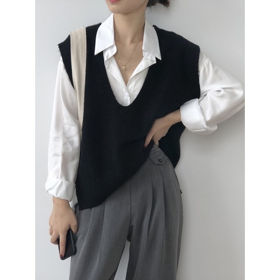 Knitting Irregularity Solid V-Neck Vest Knitting Irregularity Solid V-Neck Vest