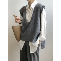 Knitting Irregularity Solid V-Neck Vest