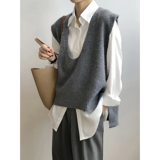Knitting Irregularity Solid V-Neck Vest Knitting Irregularity Solid V-Neck Vest