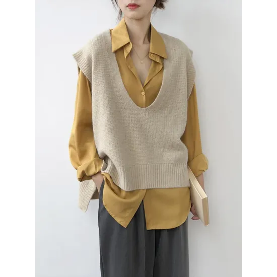 Knitting Irregularity Solid V-Neck Vest Knitting Irregularity Solid V-Neck Vest