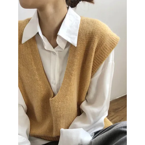 Knitting Irregularity Solid V-Neck Vest Knitting Irregularity Solid V-Neck Vest