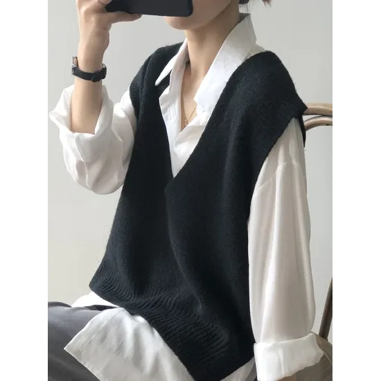 Knitting Irregularity Solid V-Neck Vest Knitting Irregularity Solid V-Neck Vest