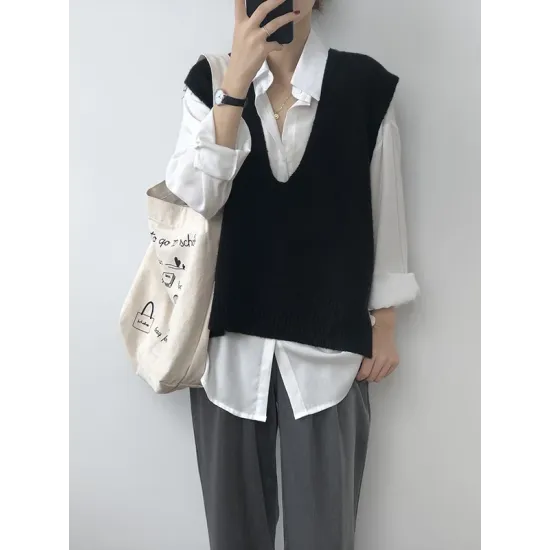 Knitting Irregularity Solid V-Neck Vest Knitting Irregularity Solid V-Neck Vest