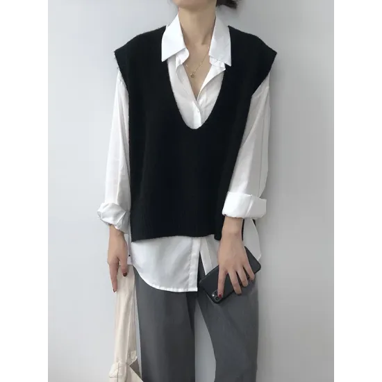 Knitting Irregularity Solid V-Neck Vest Knitting Irregularity Solid V-Neck Vest