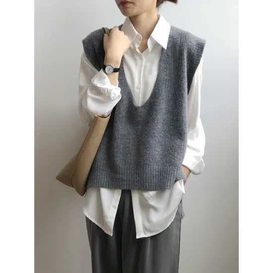 Knitting Irregularity Solid V-Neck Vest Knitting Irregularity Solid V-Neck Vest