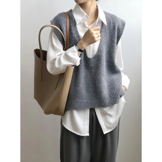 Knitting Irregularity Solid V-Neck Vest Knitting Irregularity Solid V-Neck Vest