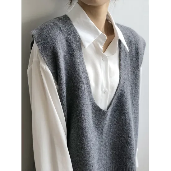 Knitting Irregularity Solid V-Neck Vest Knitting Irregularity Solid V-Neck Vest