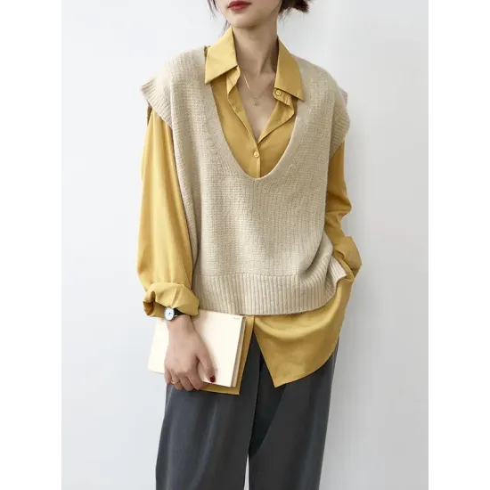 Knitting Irregularity Solid V-Neck Vest Knitting Irregularity Solid V-Neck Vest