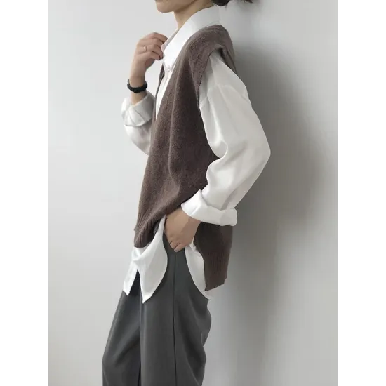 Knitting Irregularity Solid V-Neck Vest Knitting Irregularity Solid V-Neck Vest