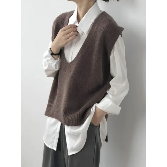 Knitting Irregularity Solid V-Neck Vest Knitting Irregularity Solid V-Neck Vest
