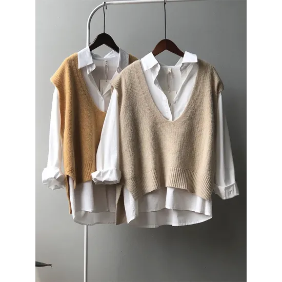 Knitting Irregularity Solid V-Neck Vest Knitting Irregularity Solid V-Neck Vest