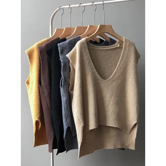 Knitting Irregularity Solid V-Neck Vest Knitting Irregularity Solid V-Neck Vest
