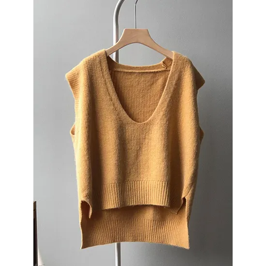 Knitting Irregularity Solid V-Neck Vest Knitting Irregularity Solid V-Neck Vest
