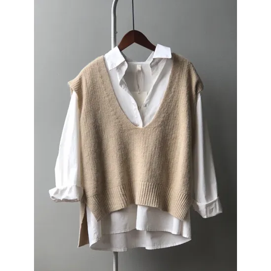 Knitting Irregularity Solid V-Neck Vest Knitting Irregularity Solid V-Neck Vest