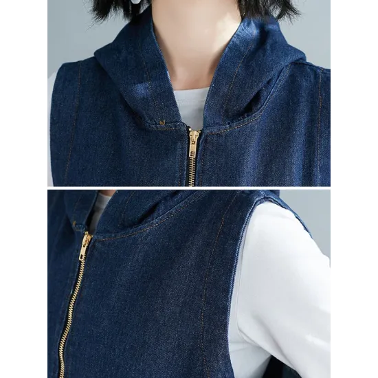Casual Zipper Sleeveless Denim Vest Hooded Outerwear