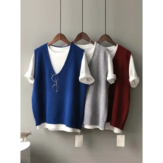 Simple 9 Colors V-Neck Loose Sleeveless Vest Simple 9 Colors V-Neck Loose Sleeveless Vest