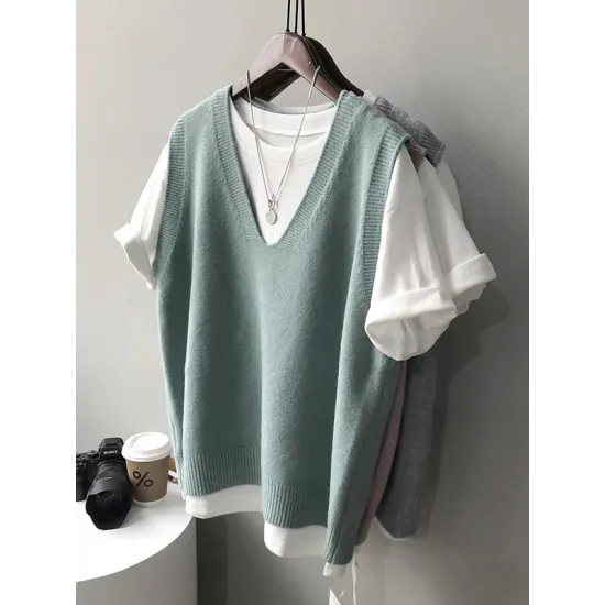 Simple 9 Colors V-Neck Loose Sleeveless Vest Simple 9 Colors V-Neck Loose Sleeveless Vest