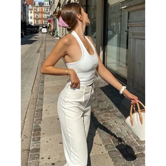 Simple Black&White Casual Sleeveless Halterneck Tanks