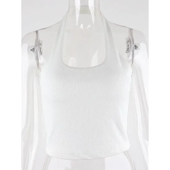 Simple Black&White Casual Sleeveless Halterneck Tanks