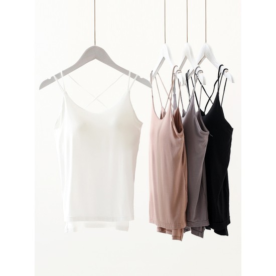 Simple Solid Color High-Low Backless Spaghetti-Neck Shirts Simple Solid Color High-Low Backless Spaghetti-Neck Shirts