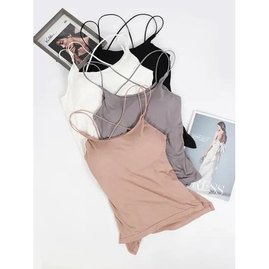 Simple Solid Color High-Low Backless Spaghetti-Neck Shirts Simple Solid Color High-Low Backless Spaghetti-Neck Shirts
