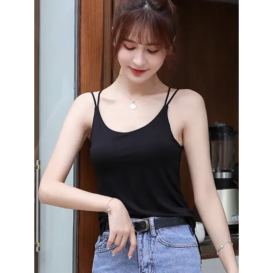 Simple Solid Color High-Low Backless Spaghetti-Neck Shirts Simple Solid Color High-Low Backless Spaghetti-Neck Shirts