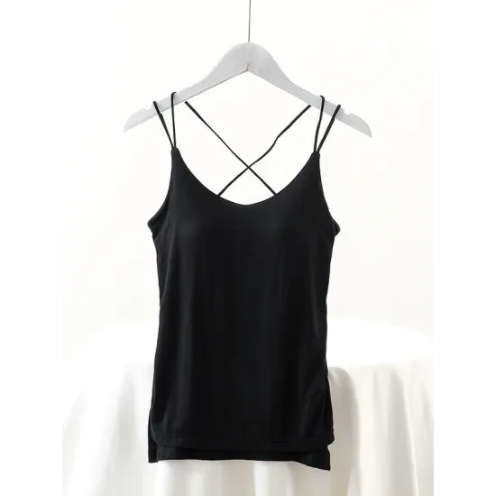 Simple Solid Color High-Low Backless Spaghetti-Neck Shirts Simple Solid Color High-Low Backless Spaghetti-Neck Shirts
