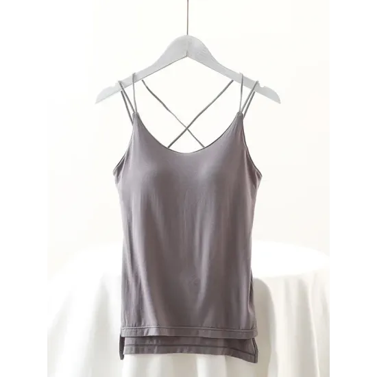 Simple Solid Color High-Low Backless Spaghetti-Neck Shirts Simple Solid Color High-Low Backless Spaghetti-Neck Shirts