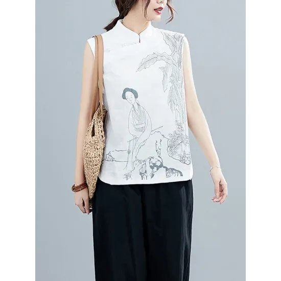 Artistic Retro Chinese-Style Printed Buttoned Stand Collar Sleeveless Vest Artistic Retro Chinese-Style Printed Buttoned Stand Collar Sleeveless Vest