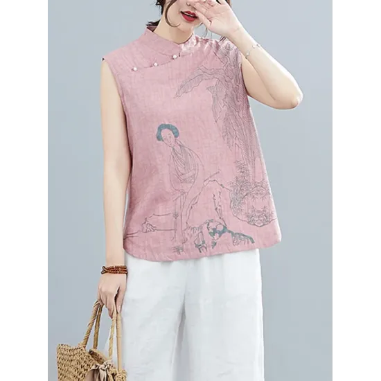 Artistic Retro Chinese-Style Printed Buttoned Stand Collar Sleeveless Vest Artistic Retro Chinese-Style Printed Buttoned Stand Collar Sleeveless Vest