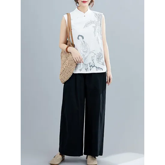 Artistic Retro Chinese-Style Printed Buttoned Stand Collar Sleeveless Vest Artistic Retro Chinese-Style Printed Buttoned Stand Collar Sleeveless Vest
