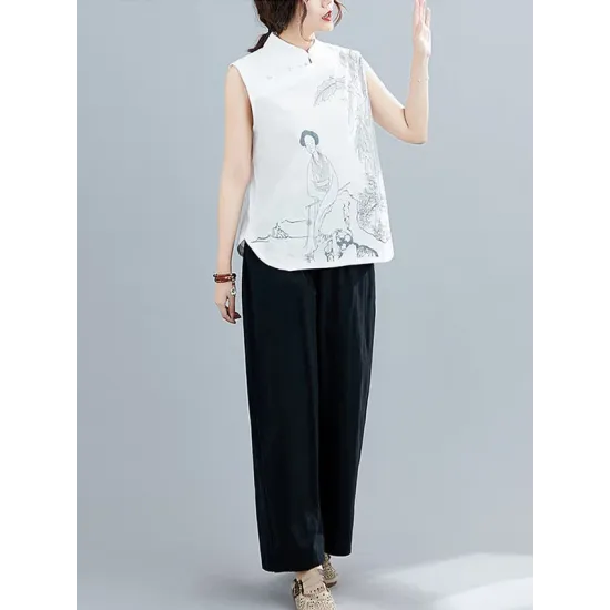 Artistic Retro Chinese-Style Printed Buttoned Stand Collar Sleeveless Vest Artistic Retro Chinese-Style Printed Buttoned Stand Collar Sleeveless Vest