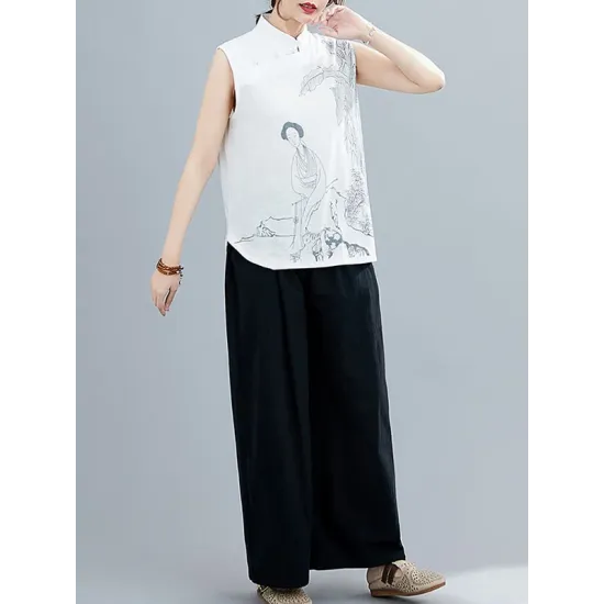 Artistic Retro Chinese-Style Printed Buttoned Stand Collar Sleeveless Vest Artistic Retro Chinese-Style Printed Buttoned Stand Collar Sleeveless Vest