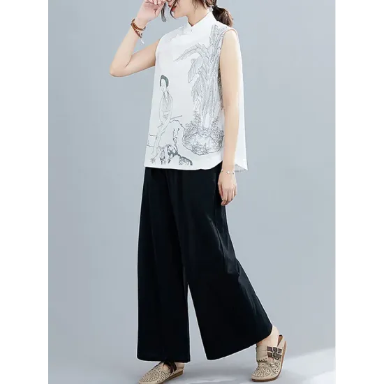 Artistic Retro Chinese-Style Printed Buttoned Stand Collar Sleeveless Vest Artistic Retro Chinese-Style Printed Buttoned Stand Collar Sleeveless Vest