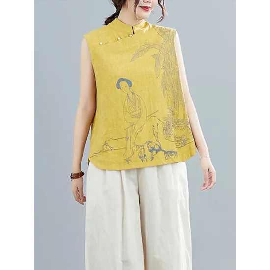 Artistic Retro Chinese-Style Printed Buttoned Stand Collar Sleeveless Vest Artistic Retro Chinese-Style Printed Buttoned Stand Collar Sleeveless Vest