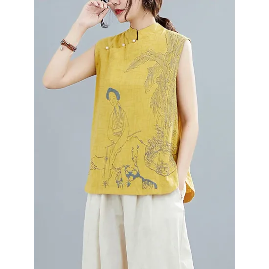Artistic Retro Chinese-Style Printed Buttoned Stand Collar Sleeveless Vest Artistic Retro Chinese-Style Printed Buttoned Stand Collar Sleeveless Vest