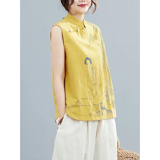 Artistic Retro Chinese-Style Printed Buttoned Stand Collar Sleeveless Vest Artistic Retro Chinese-Style Printed Buttoned Stand Collar Sleeveless Vest