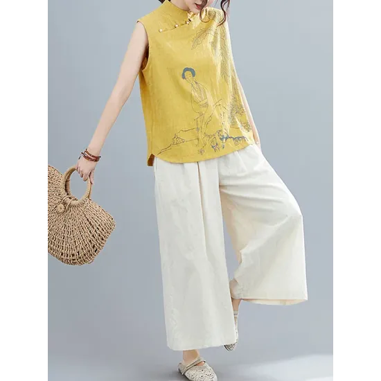 Artistic Retro Chinese-Style Printed Buttoned Stand Collar Sleeveless Vest Artistic Retro Chinese-Style Printed Buttoned Stand Collar Sleeveless Vest