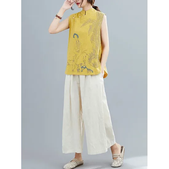 Artistic Retro Chinese-Style Printed Buttoned Stand Collar Sleeveless Vest Artistic Retro Chinese-Style Printed Buttoned Stand Collar Sleeveless Vest