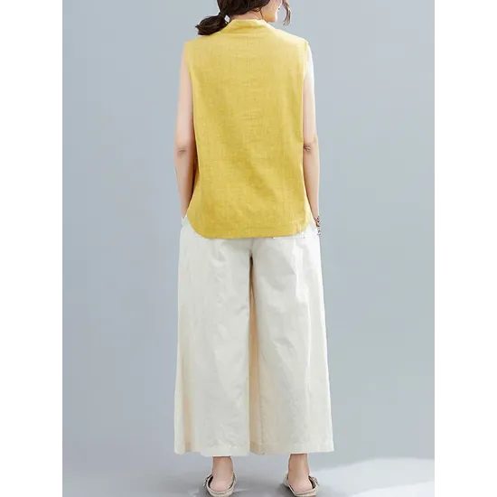 Artistic Retro Chinese-Style Printed Buttoned Stand Collar Sleeveless Vest Artistic Retro Chinese-Style Printed Buttoned Stand Collar Sleeveless Vest