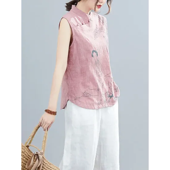 Artistic Retro Chinese-Style Printed Buttoned Stand Collar Sleeveless Vest Artistic Retro Chinese-Style Printed Buttoned Stand Collar Sleeveless Vest