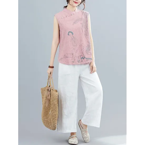 Artistic Retro Chinese-Style Printed Buttoned Stand Collar Sleeveless Vest Artistic Retro Chinese-Style Printed Buttoned Stand Collar Sleeveless Vest