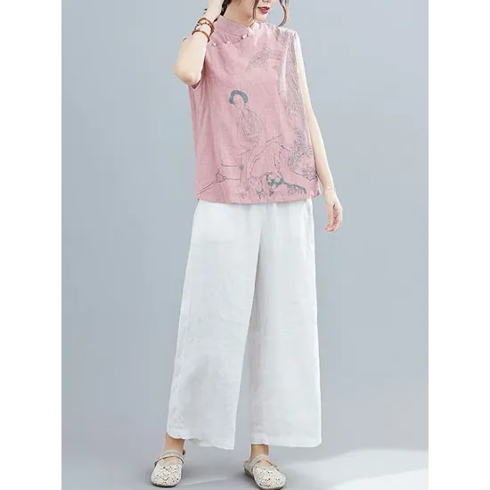 Artistic Retro Chinese-Style Printed Buttoned Stand Collar Sleeveless Vest Artistic Retro Chinese-Style Printed Buttoned Stand Collar Sleeveless Vest