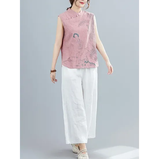 Artistic Retro Chinese-Style Printed Buttoned Stand Collar Sleeveless Vest Artistic Retro Chinese-Style Printed Buttoned Stand Collar Sleeveless Vest