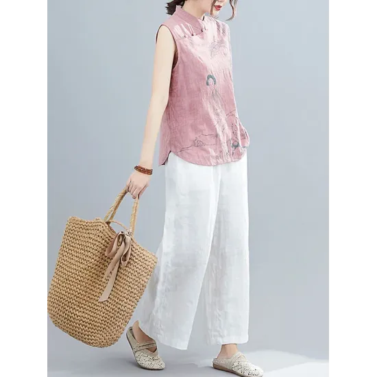 Artistic Retro Chinese-Style Printed Buttoned Stand Collar Sleeveless Vest Artistic Retro Chinese-Style Printed Buttoned Stand Collar Sleeveless Vest
