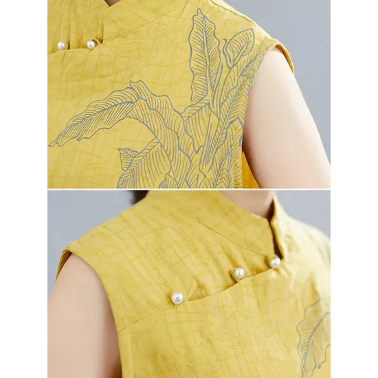Artistic Retro Chinese-Style Printed Buttoned Stand Collar Sleeveless Vest Artistic Retro Chinese-Style Printed Buttoned Stand Collar Sleeveless Vest