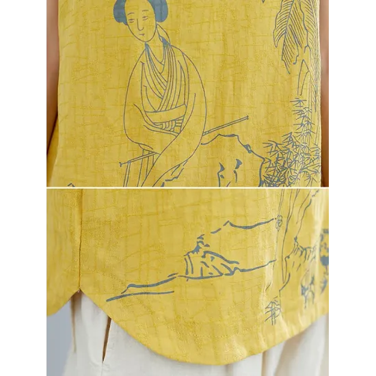 Artistic Retro Chinese-Style Printed Buttoned Stand Collar Sleeveless Vest Artistic Retro Chinese-Style Printed Buttoned Stand Collar Sleeveless Vest