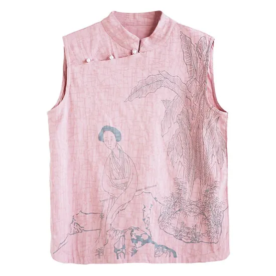 Artistic Retro Chinese-Style Printed Buttoned Stand Collar Sleeveless Vest Artistic Retro Chinese-Style Printed Buttoned Stand Collar Sleeveless Vest